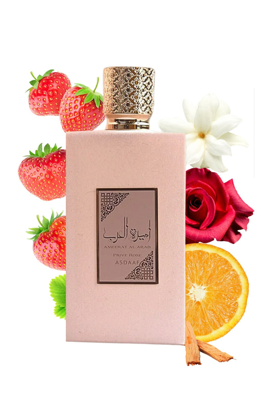 Perfume Ameer com aparência em tons de cor de rosa, notas de morango, rosa e laranja