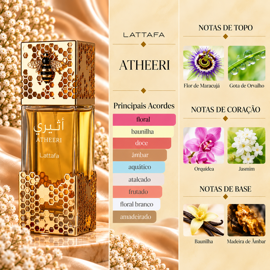 Atheeri Lattafa com os principais acordes e notas de flor de maracujá, gotas de orvalho, orquídea, jasmim, baunilha e madeira de âmbar.