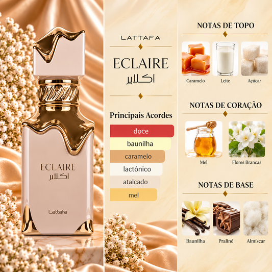 Eclaire Lattafa com os principais acordes e notas de caramelo, leite, açúcar, mel, flores brancas, baunilha, praliné e almíscar.