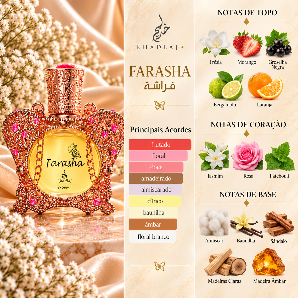 Farasha Khadlaj com os principais acordes e notas de frésia, morango, groselha negra, bergamota, laranja, jasmim, rosa, patchouli, almíscar, baunilha, sândalo, madeiras claras e madeira de âmbar.