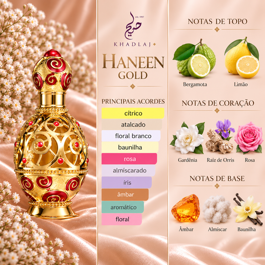 Notas olfativas de Haneen Gold da Khadlaj: bergamota e limão no topo; gardénia, raiz de íris e rosa no coração; âmbar, almíscar e baunilha na base.