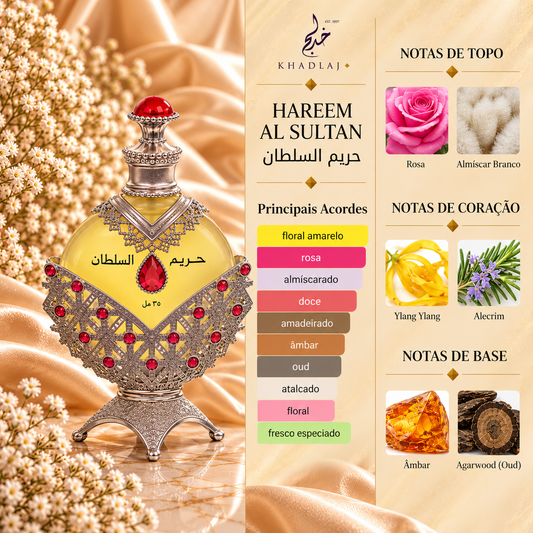 Hareem Al Sultan Silver Khadlaj com os principais acordes e notas de rosa, almíscar branco, ylang-ylang, alecrim, âmbar e agarwood (oud).