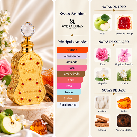 Jamila Swiss Arabian com os principais acordes e notas de maçã, geleia de laranja, rosa, orquídea baunilha, magnólia, jasmim, almíscar, âmbar, sândalo e ébano.