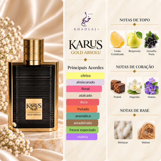 Karus Gold Absolu Khadlaj com os principais acordes e notas de limão cristalizado, bergamota, groselha preta, praliné, magnólia, violeta, almíscar e vetiver.