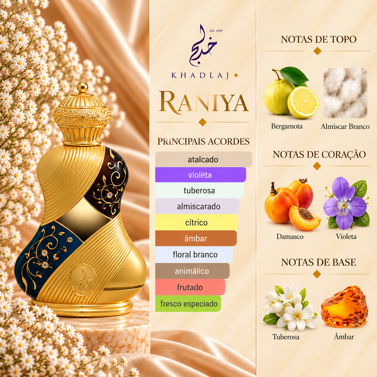 Notas olfativas de Raniya da Khadlaj: bergamota e almíscar branco no topo; damasco e violeta no coração; tuberosa e âmbar na base.