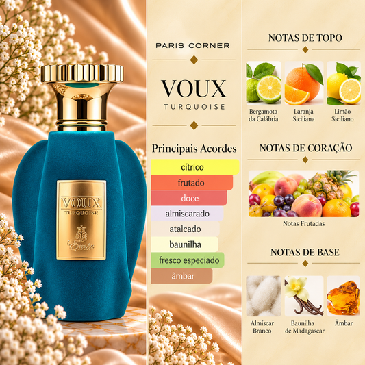 Voux Turquoise Paris Corner com os principais acordes e notas de bergamota, laranja, limão, frutas, almíscar branco, baunilha de Madagáscar e âmbar.