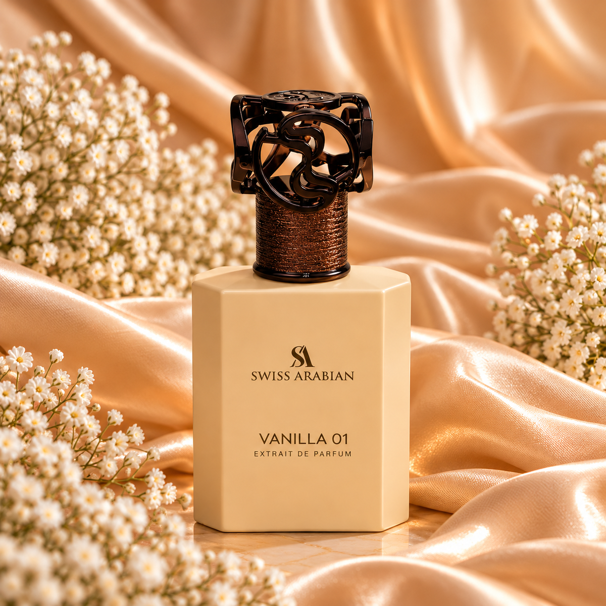 Frasco bege de Vanilla 01 Swiss Arabian Extrait de Parfum, com tampa escura trabalhada, sobre tecido acetinado dourado e rodeado de flores brancas.