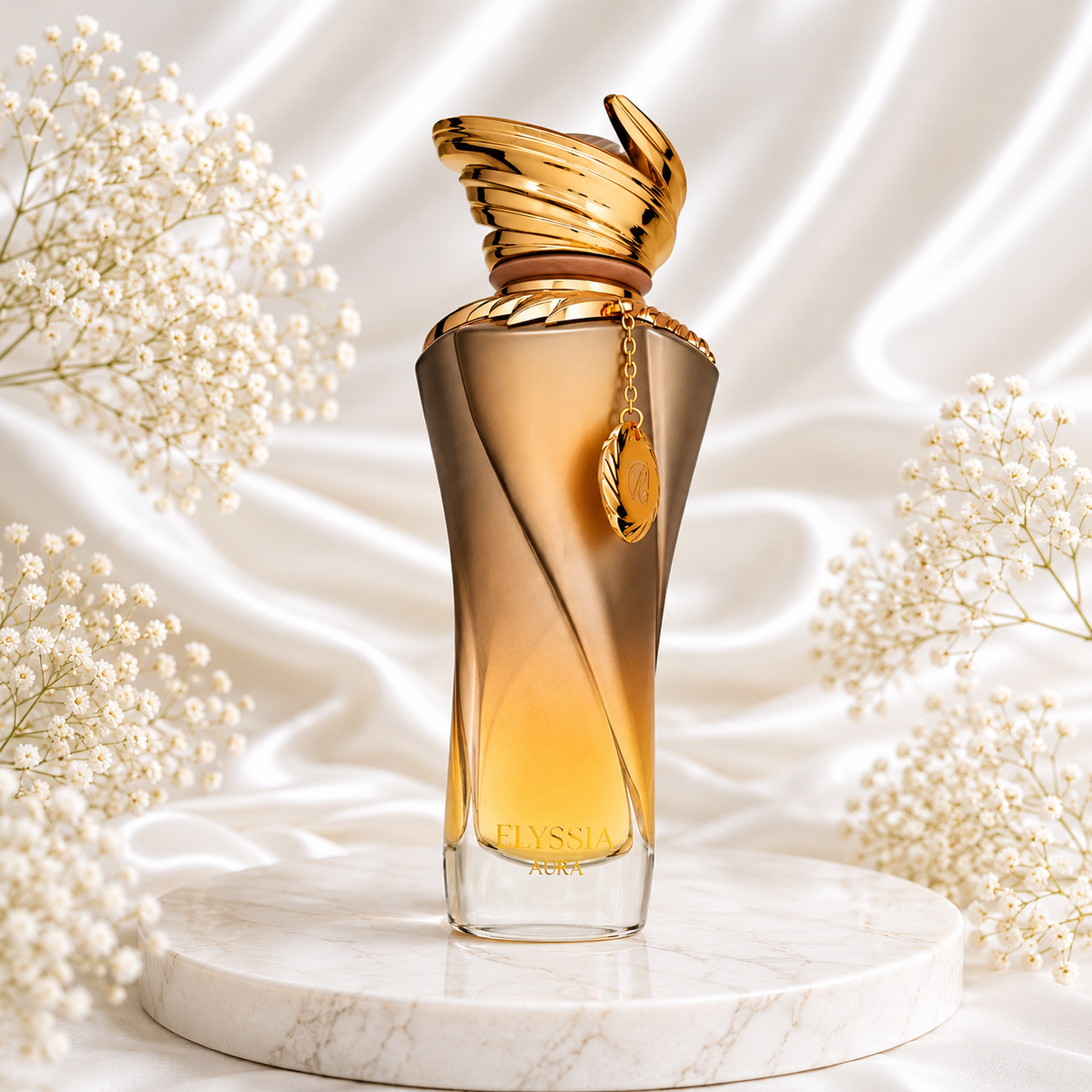 Frasco do perfume Elysia Aura da Riiffs Perfumes, eau de parfum oriental gourmand com notas de baunilha, cacau e cedro