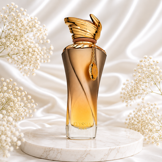 Frasco do perfume Elysia Aura da Riiffs Perfumes, eau de parfum oriental gourmand com notas de baunilha, cacau e cedro