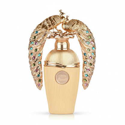 Afeef Eau de Parfum 100mL Lattafa - frasco dourado com pavões esculpidos e pedras coloridas