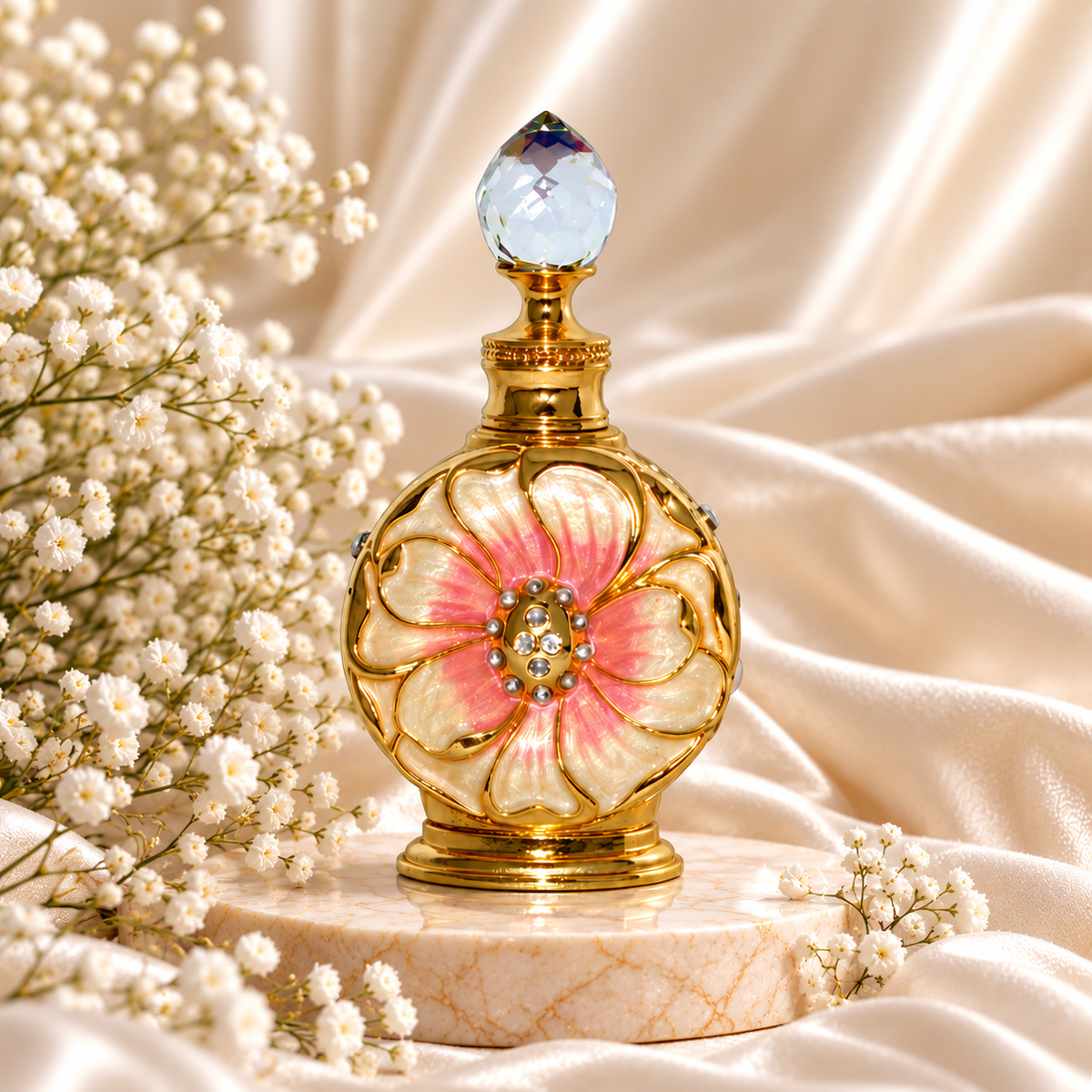 Frasco dourado de Amaali Swiss Arabian, decorado com uma flor em tons de rosa e branco, pedras brilhantes e tampa transparente facetada, sobre mármore e rodeado de pequenas flores brancas.