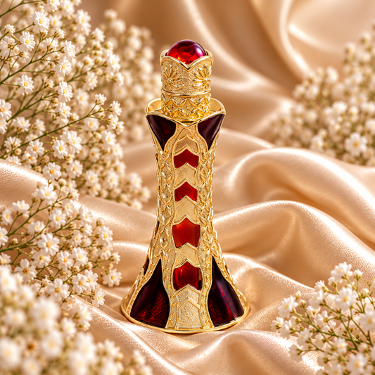 Frasco de Azaari Perfume Oil 17 mL da Khadlaj, com formato alongado, estrutura dourada trabalhada, detalhes vermelhos e bordô e pedra vermelha na tampa, entre cetim dourado e flores brancas.