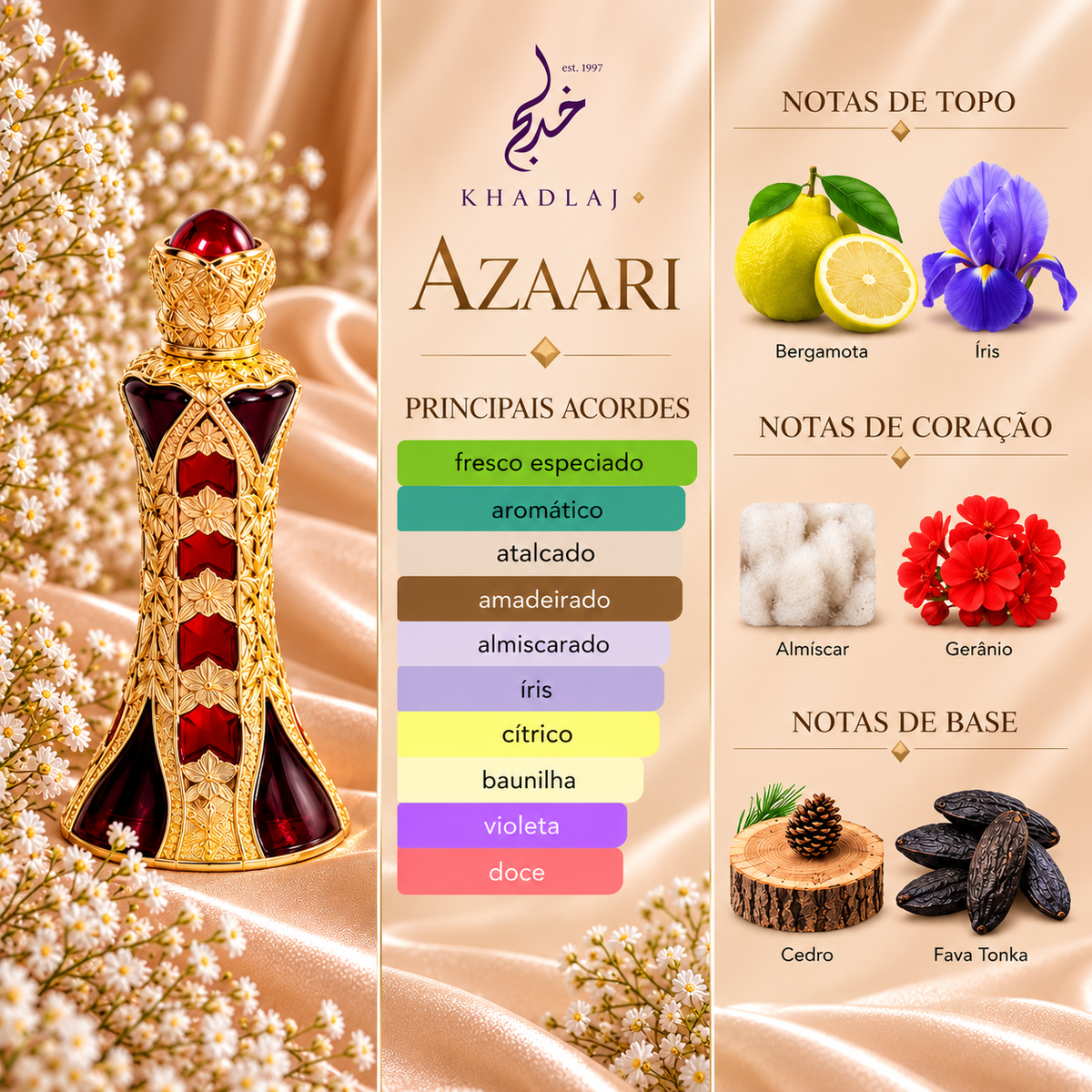 Notas olfativas de Azaari da Khadlaj: bergamota e íris no topo; almíscar e gerânio no coração; cedro e fava tonka na base.