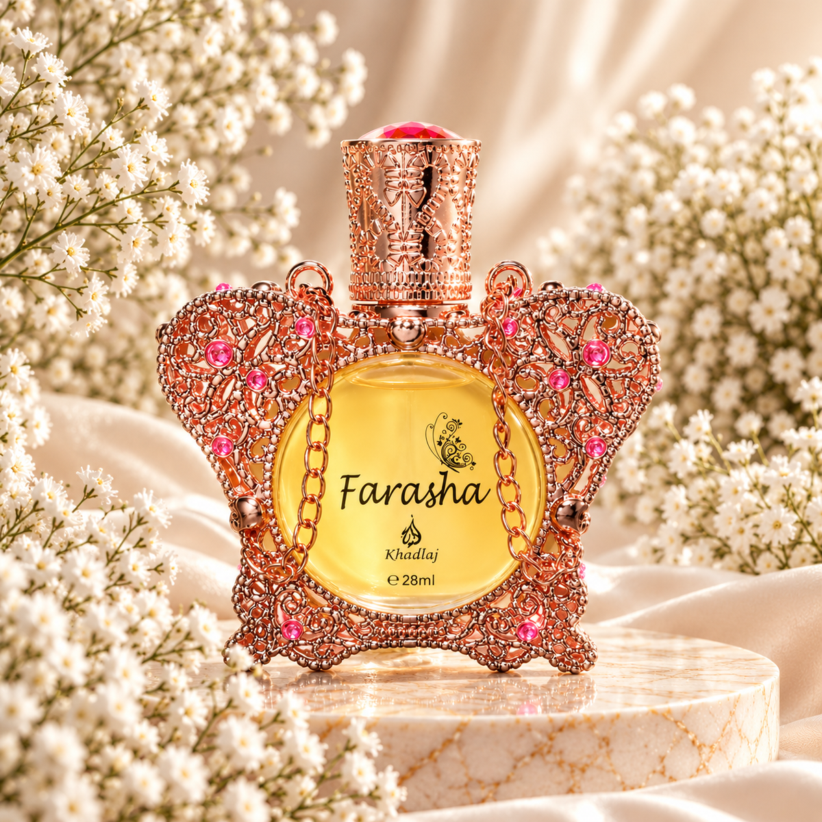 Frasco de óleo perfumado Farasha Khadlaj 28 mL, com estrutura trabalhada em forma de borboleta, acabamento dourado rosado e pedras cor-de-rosa, sobre mármore e rodeado de pequenas flores brancas.