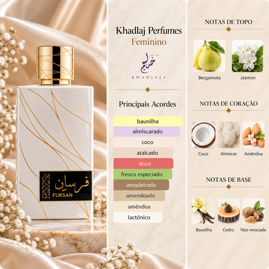 Fursan White Khadlaj com os principais acordes e notas de bergamota, jasmim, coco, almíscar, amêndoa, baunilha, cedro e noz-moscada.