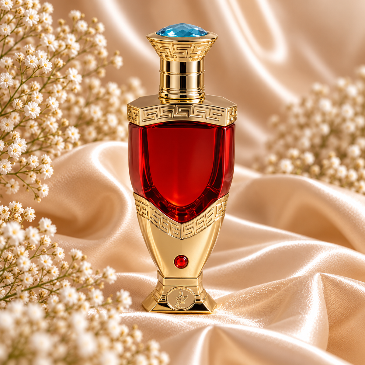 Frasco de Ghazlaan Perfume Oil 20 mL da Khadlaj, com vidro vermelho, estrutura dourada de padrões geométricos e pedra azul na tampa, entre cetim dourado e flores brancas.