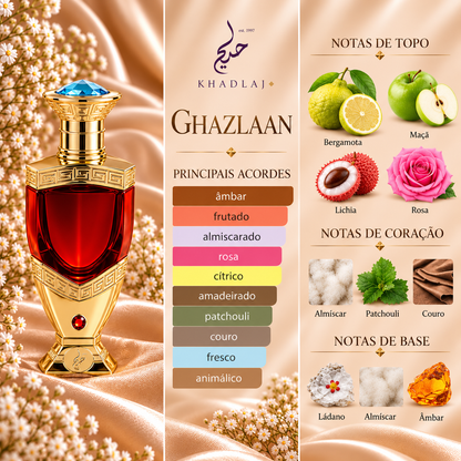 Notas olfativas de Ghazlaan da Khadlaj: bergamota, maçã, lichia e rosa no topo; almíscar, patchouli e couro no coração; ládano, almíscar e âmbar na base.