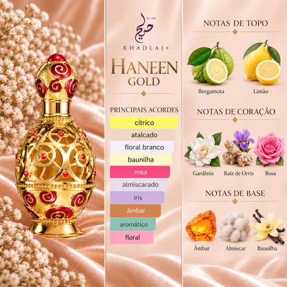 Notas olfativas de Haneen Gold da Khadlaj: bergamota e limão no topo; gardénia, raiz de íris e rosa no coração; âmbar, almíscar e baunilha na base.