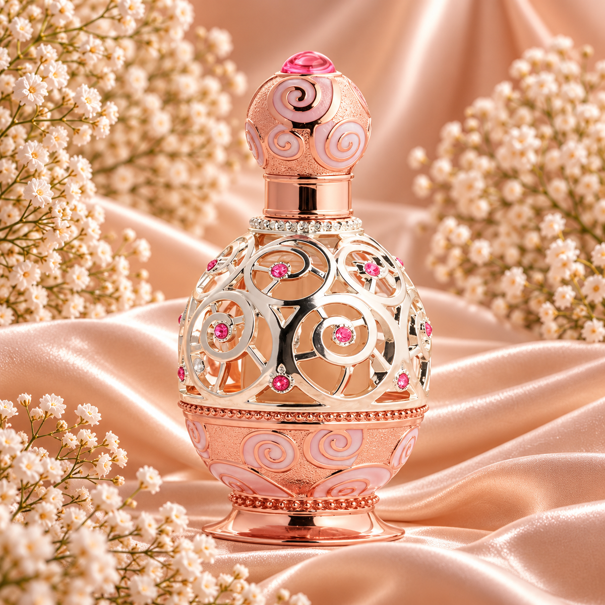 Frasco de Haneen Rose Gold Perfume Oil 20 mL da Khadlaj, com acabamento ouro-rosa, estrutura prateada em espirais e pedras cor-de-rosa, entre cetim e flores brancas.