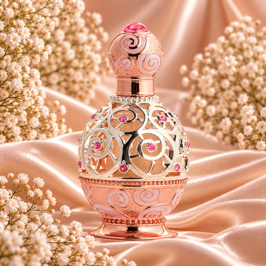 Frasco de Haneen Rose Gold Perfume Oil 20 mL da Khadlaj, com acabamento ouro-rosa, estrutura prateada em espirais e pedras cor-de-rosa, entre cetim e flores brancas.