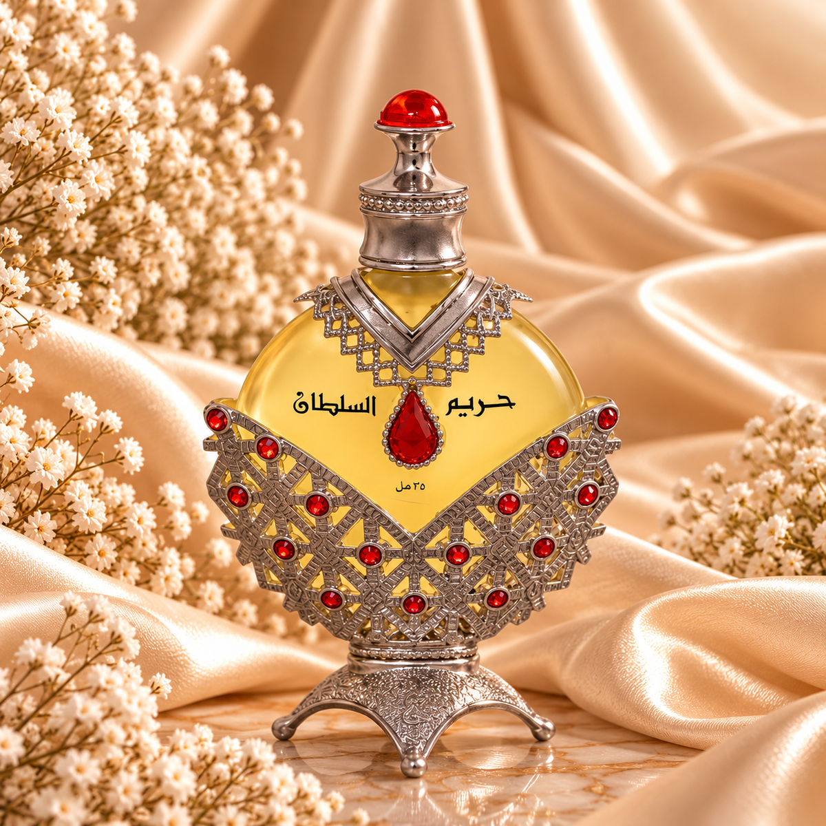 Frasco de óleo perfumado Hareem Al Sultan Silver Khadlaj, com estrutura prateada trabalhada e pedras vermelhas, sobre tecido acetinado dourado e rodeado de pequenas flores brancas.