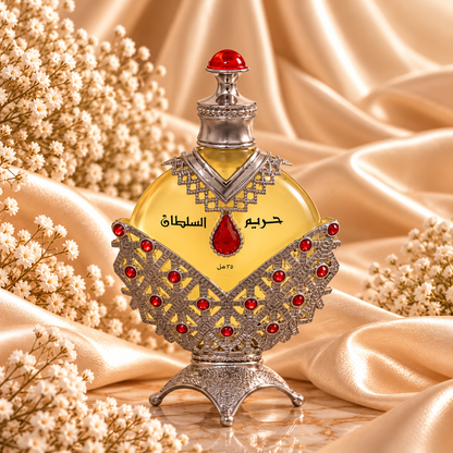 Frasco de óleo perfumado Hareem Al Sultan Silver Khadlaj, com estrutura prateada trabalhada e pedras vermelhas, sobre tecido acetinado dourado e rodeado de pequenas flores brancas.