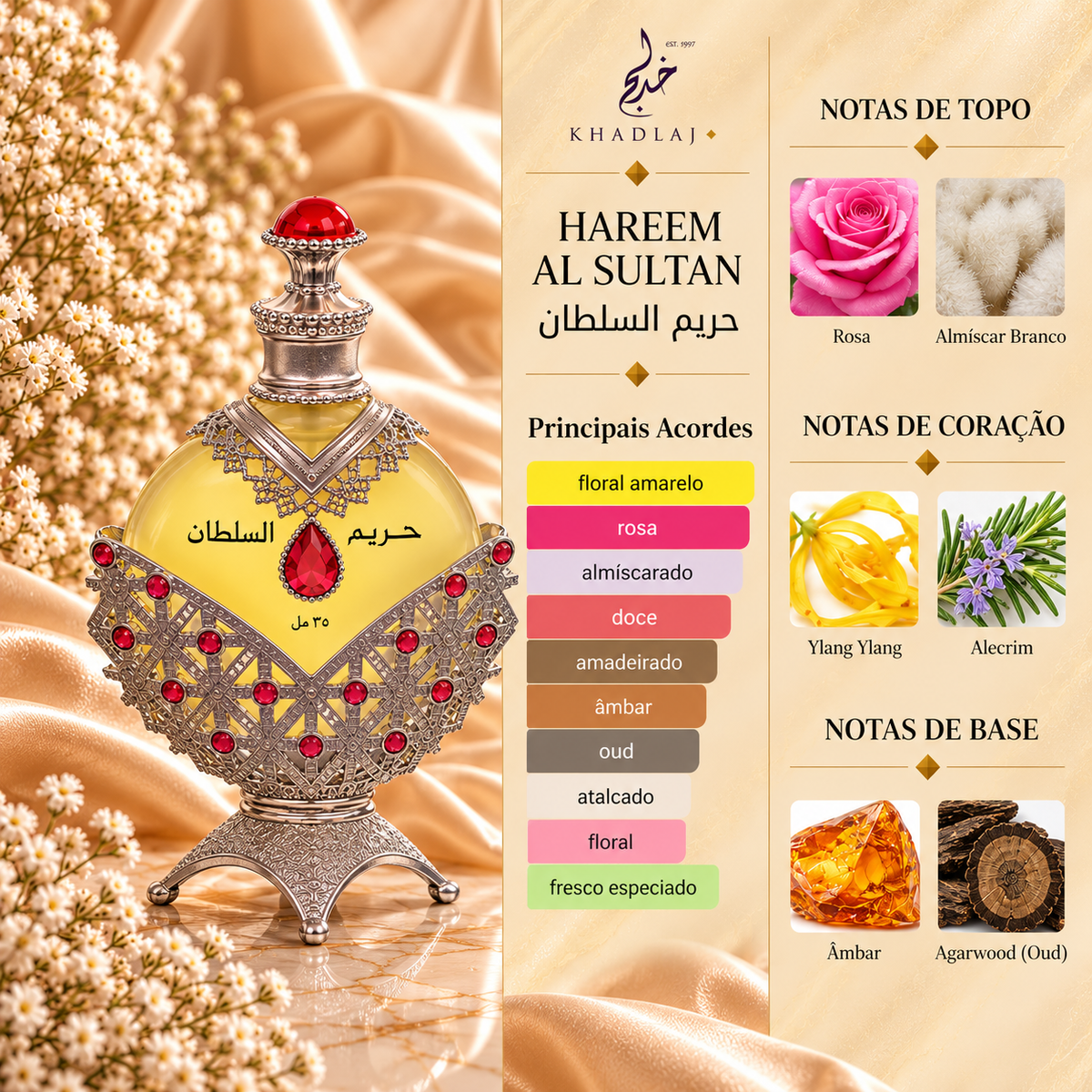 Hareem Al Sultan Silver Khadlaj com os principais acordes e notas de rosa, almíscar branco, ylang-ylang, alecrim, âmbar e agarwood (oud).