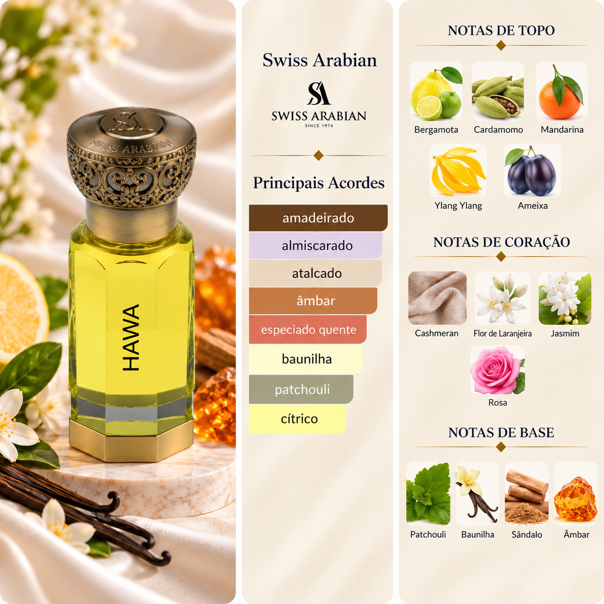 Hawa Swiss Arabian com os principais acordes e notas de bergamota, cardamomo, mandarina, ylang-ylang, ameixa, cashmeran, flor de laranjeira, jasmim, rosa, patchouli, baunilha, sândalo e âmbar.