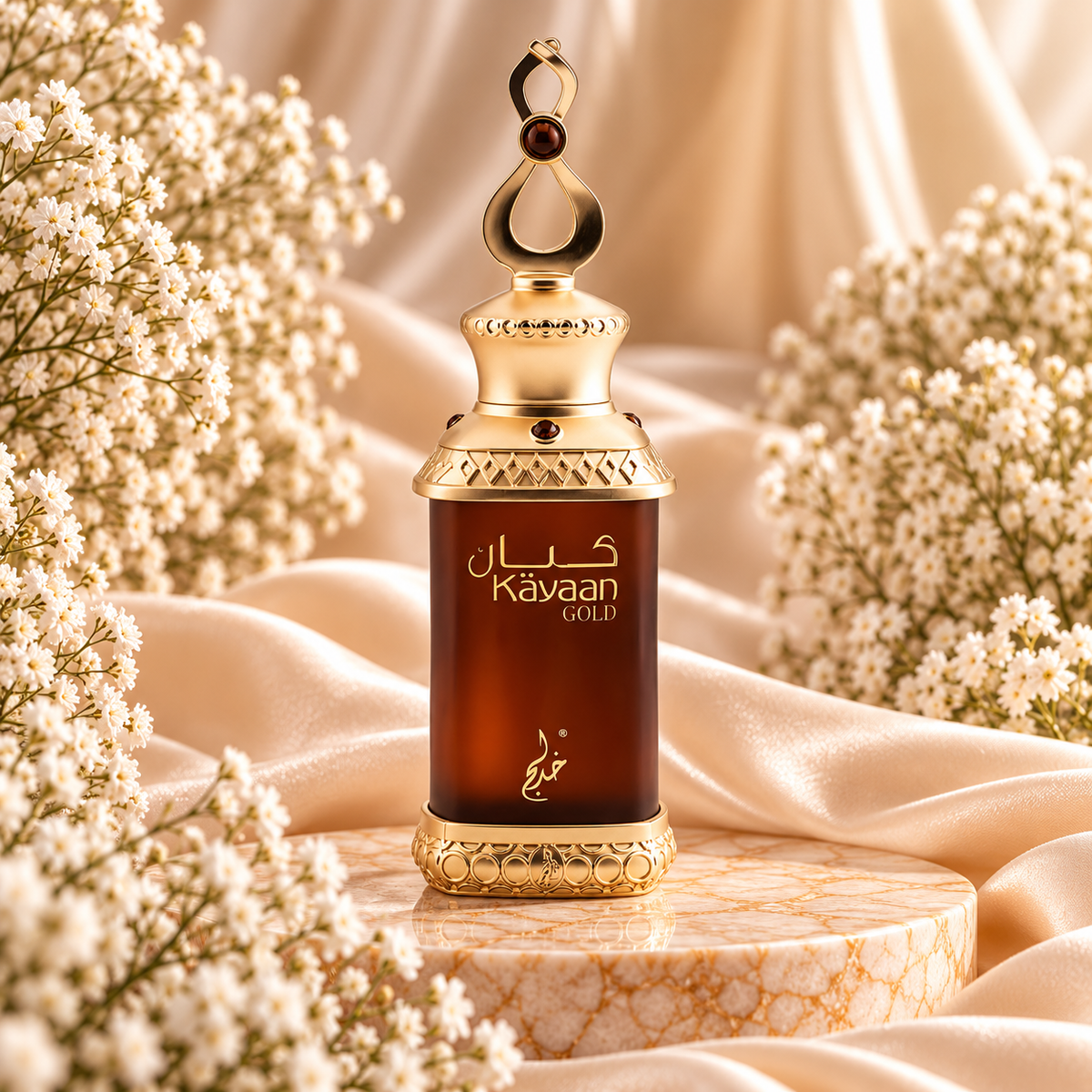 Frasco de Kayaan Gold Perfume Oil 20 mL em tom castanho âmbar, com base e tampa douradas trabalhadas, sobre mármore entre cetim dourado e flores brancas.