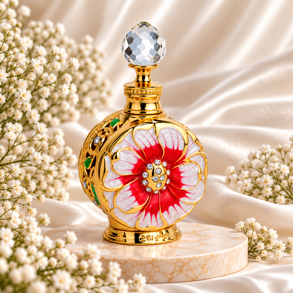 Frasco dourado de Layali Rouge Swiss Arabian, decorado com uma flor vermelha e branca, detalhes verdes e pedras brilhantes, com tampa transparente facetada, sobre mármore e rodeado de pequenas flores brancas.