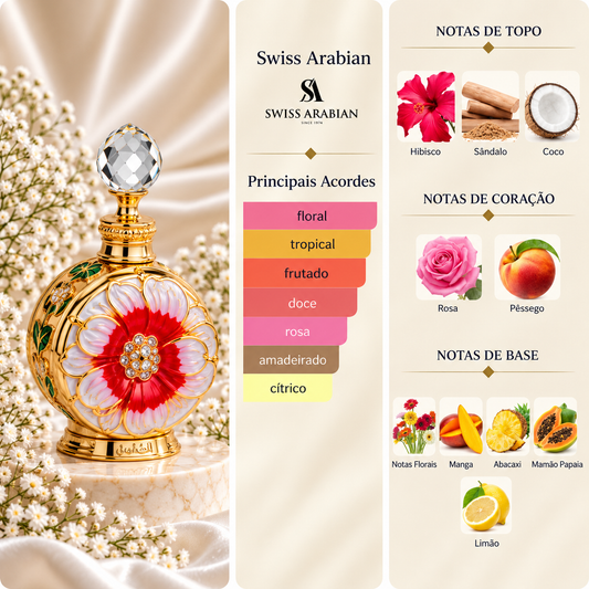 Layali Rouge Swiss Arabian com os principais acordes e notas de hibisco, sândalo, coco, rosa, pêssego, notas florais, manga, ananás, papaia e limão.