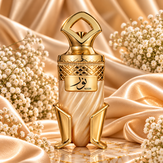Frasco do perfume Noor da Riiffs, em tons nacarados e dourados, sobre cetim dourado e rodeado de pequenas flores brancas.
