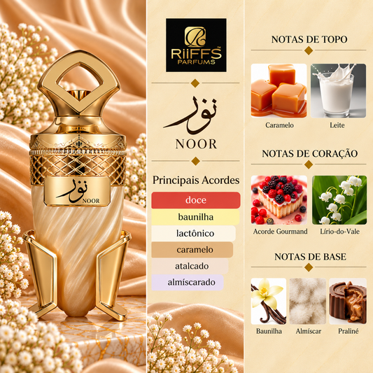Noor da Riiffs: frasco e notas de caramelo, leite, acorde gourmand, lírio-do-vale, baunilha, almíscar e praliné.
