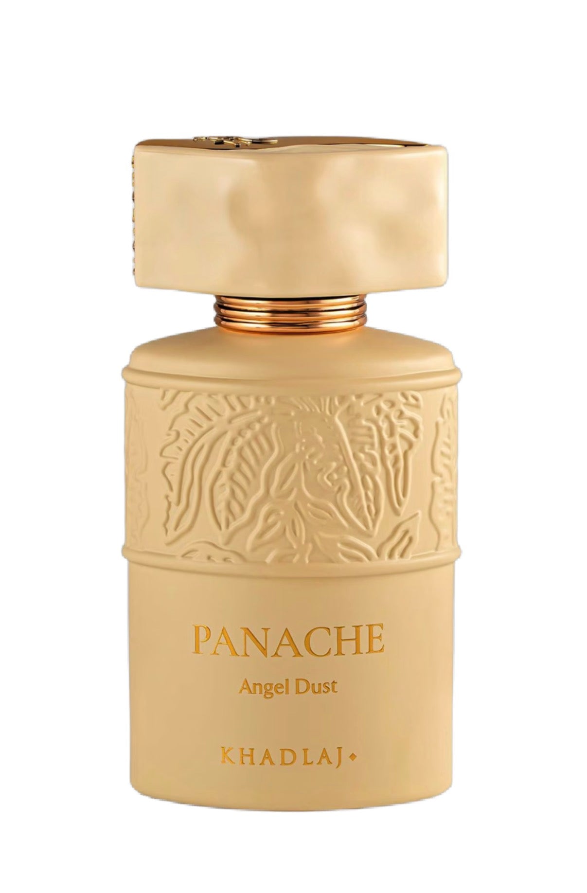 Panache Angel Dust Eau de Parfum 100mL Khadlaj - frasco bege mate com padrão em relevo e detalhes dourados