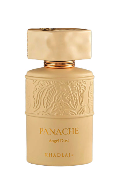 Panache Angel Dust Eau de Parfum 100mL Khadlaj - frasco bege mate com padrão em relevo e detalhes dourados