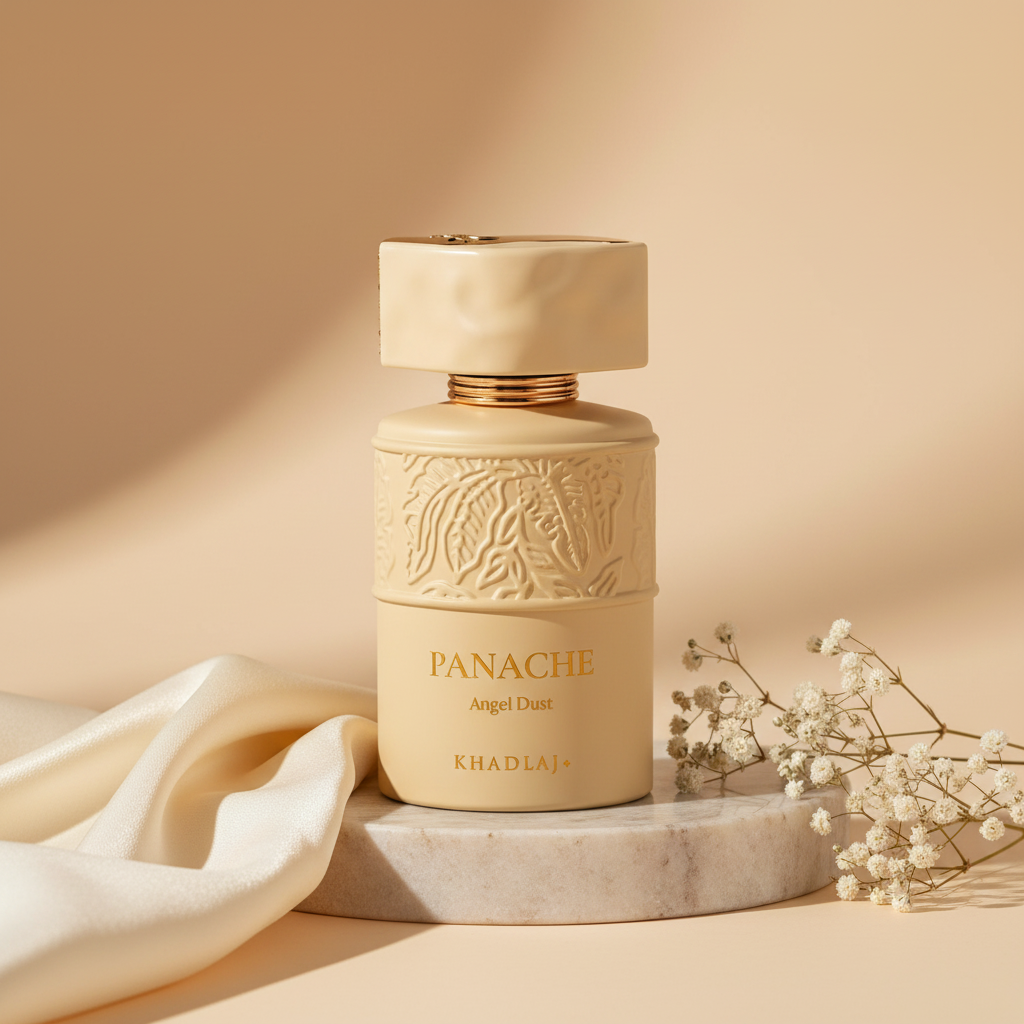 Panache Angel Dust Khadlaj - perfume árabe de luxo floral oriental em ambiente elegante
