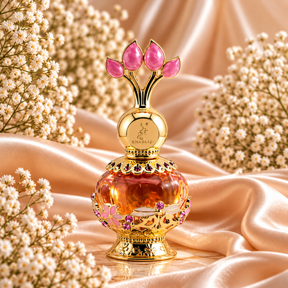 Frasco de Pink Musk Perfume Oil 20 mL da Khadlaj, com estrutura dourada, detalhes florais cor-de-rosa e tampa ornamentada com pedras rosas, entre cetim dourado e flores brancas.