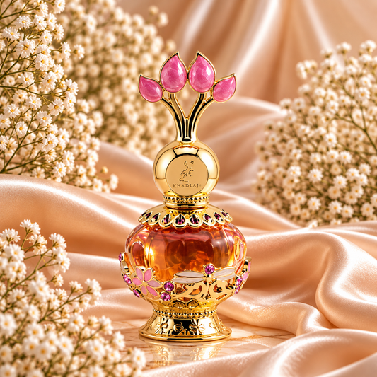 Frasco de Pink Musk Perfume Oil 20 mL da Khadlaj, com estrutura dourada, detalhes florais cor-de-rosa e tampa ornamentada com pedras rosas, entre cetim dourado e flores brancas.