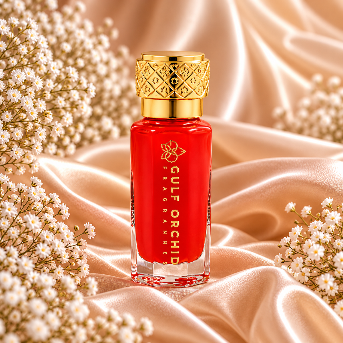Frasco de Pomegranate Musk Collection Perfume Oil 12 mL da Gulf Orchid, com corpo vermelho, letras douradas e tampa dourada trabalhada, entre cetim e flores brancas.
