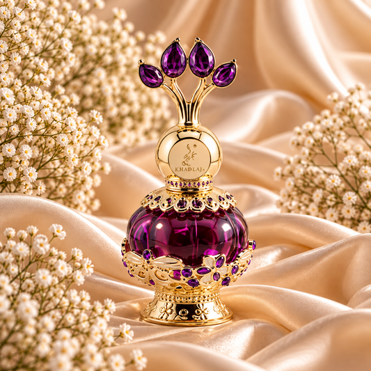 Frasco violeta de Purple Musk Perfume Oil 20 mL da Khadlaj, com estrutura dourada, motivos florais e tampa ornamentada com pedras roxas, entre cetim dourado e flores brancas.