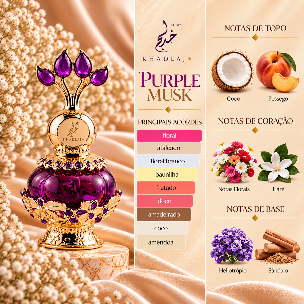 Notas olfativas de Purple Musk da Khadlaj: coco e pêssego no topo; notas florais e tiaré no coração; heliotrópio e sândalo na base.