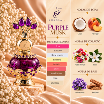 Notas olfativas de Purple Musk da Khadlaj: coco e pêssego no topo; notas florais e tiaré no coração; heliotrópio e sândalo na base.