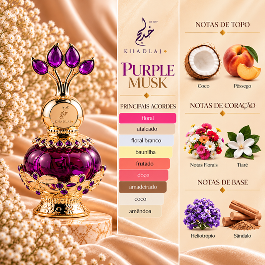 Notas olfativas de Purple Musk da Khadlaj: coco e pêssego no topo; notas florais e tiaré no coração; heliotrópio e sândalo na base.