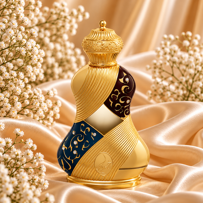 Frasco de Raniya Perfume Oil 18 mL da Khadlaj, com formato curvo, acabamento dourado e detalhes azuis e bordô com pedras brilhantes, entre cetim dourado e flores brancas.