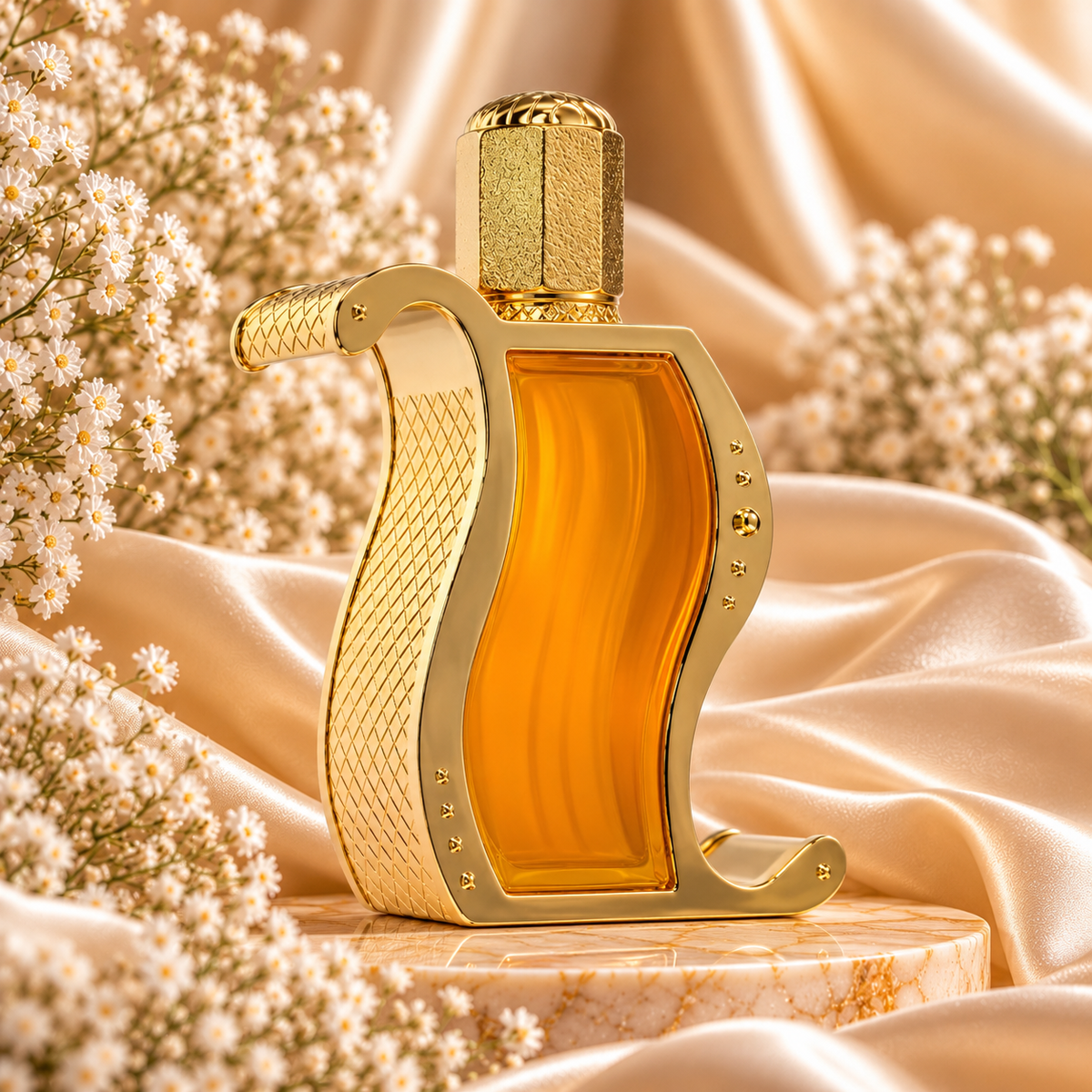 Frasco de Rasha Perfume Oil 12 mL da Khadlaj, com estrutura dourada de linhas curvas e líquido âmbar, sobre uma base de mármore entre cetim dourado e flores brancas.
