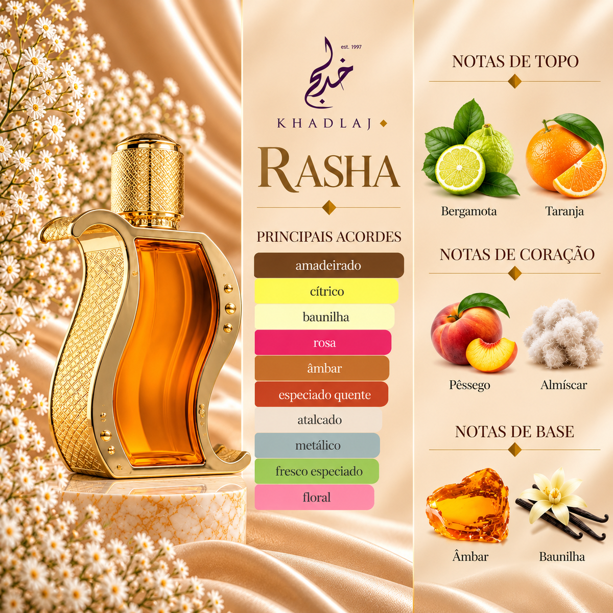Notas olfativas de Rasha da Khadlaj: bergamota e toranja no topo; pêssego e almíscar no coração; âmbar e baunilha na base.
