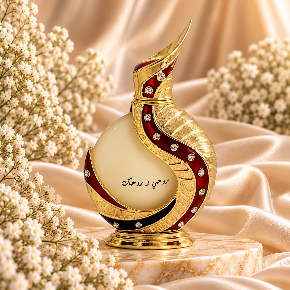 Frasco de Roohi wa Rookah Gold Perfume Oil 35 mL da Khadlaj, com forma curva, acabamento dourado, detalhes vermelhos e pedras brilhantes, entre cetim dourado e flores brancas.
