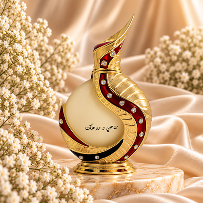 Frasco de Roohi wa Rookah Gold Perfume Oil 35 mL da Khadlaj, com forma curva, acabamento dourado, detalhes vermelhos e pedras brilhantes, entre cetim dourado e flores brancas.