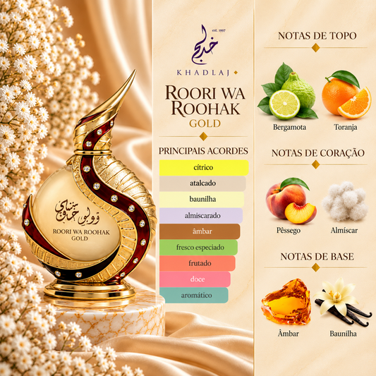 Notas olfativas de Roohi wa Rookah Gold da Khadlaj: bergamota e toranja no topo; pêssego e almíscar no coração; âmbar e baunilha na base.