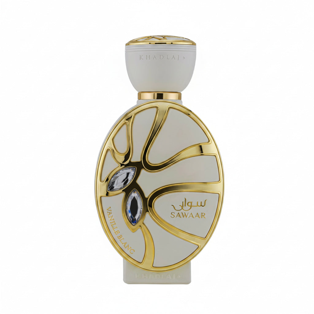 Sawaar Vanille Blanc Eau de Parfum 100mL Khadlaj - frasco oval branco e dourado com cristais
